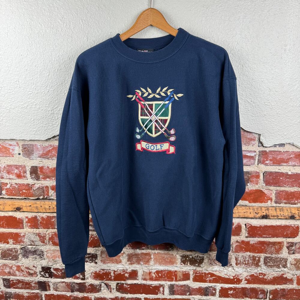 Vintage Golf Sweatshirt Sz Large Blue Fleece Crewneck Pullover Crest Embroidered